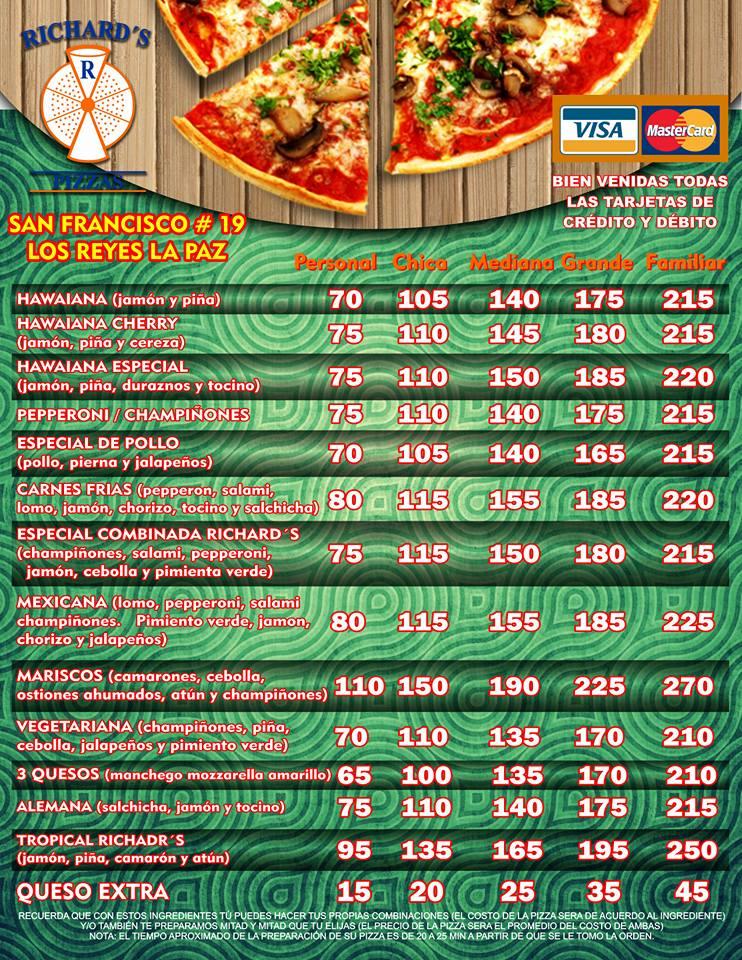 Menu at Pizzas Richard restaurant, La Paz, San Francisco 19