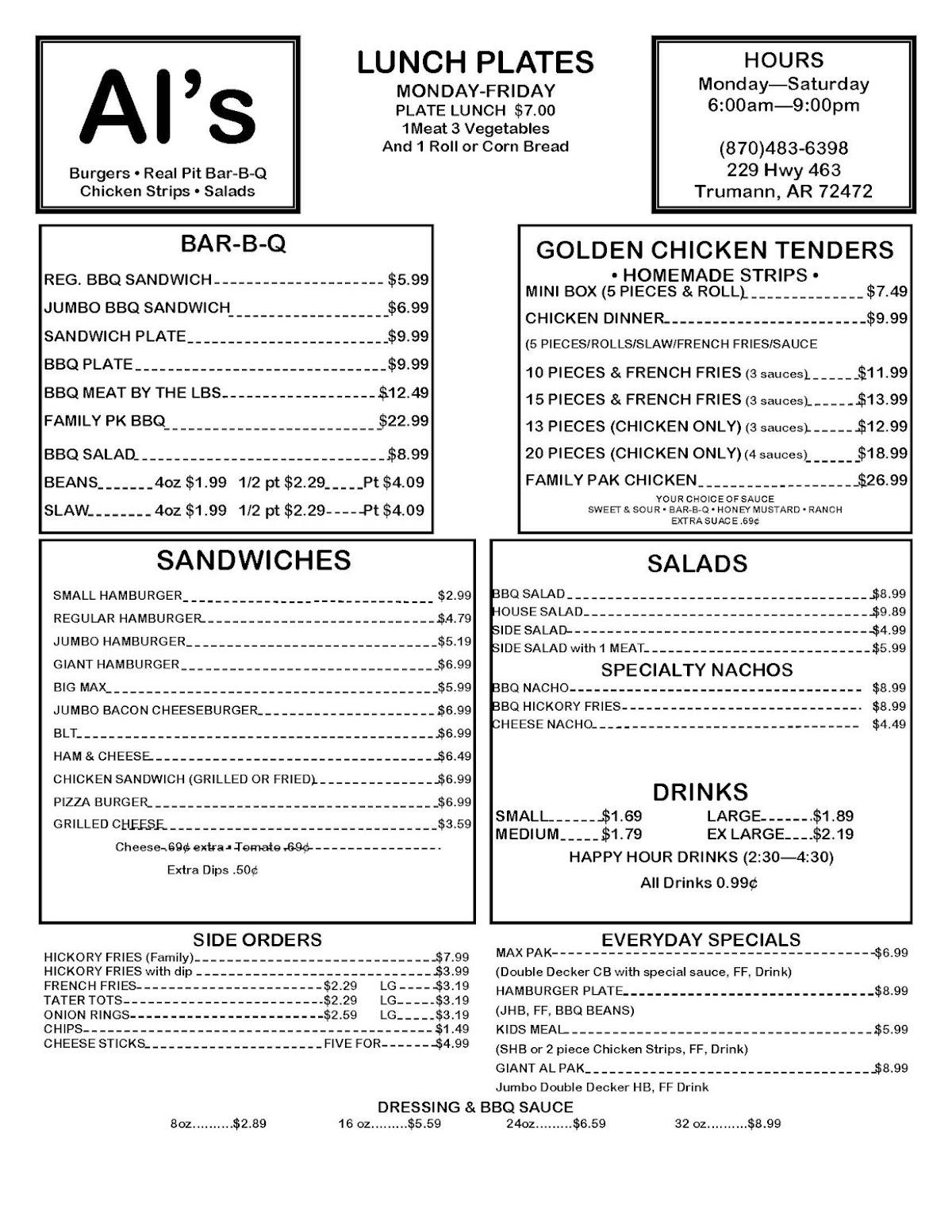 Menu at AL'S BARBQ OF TRUMANN, Trumann