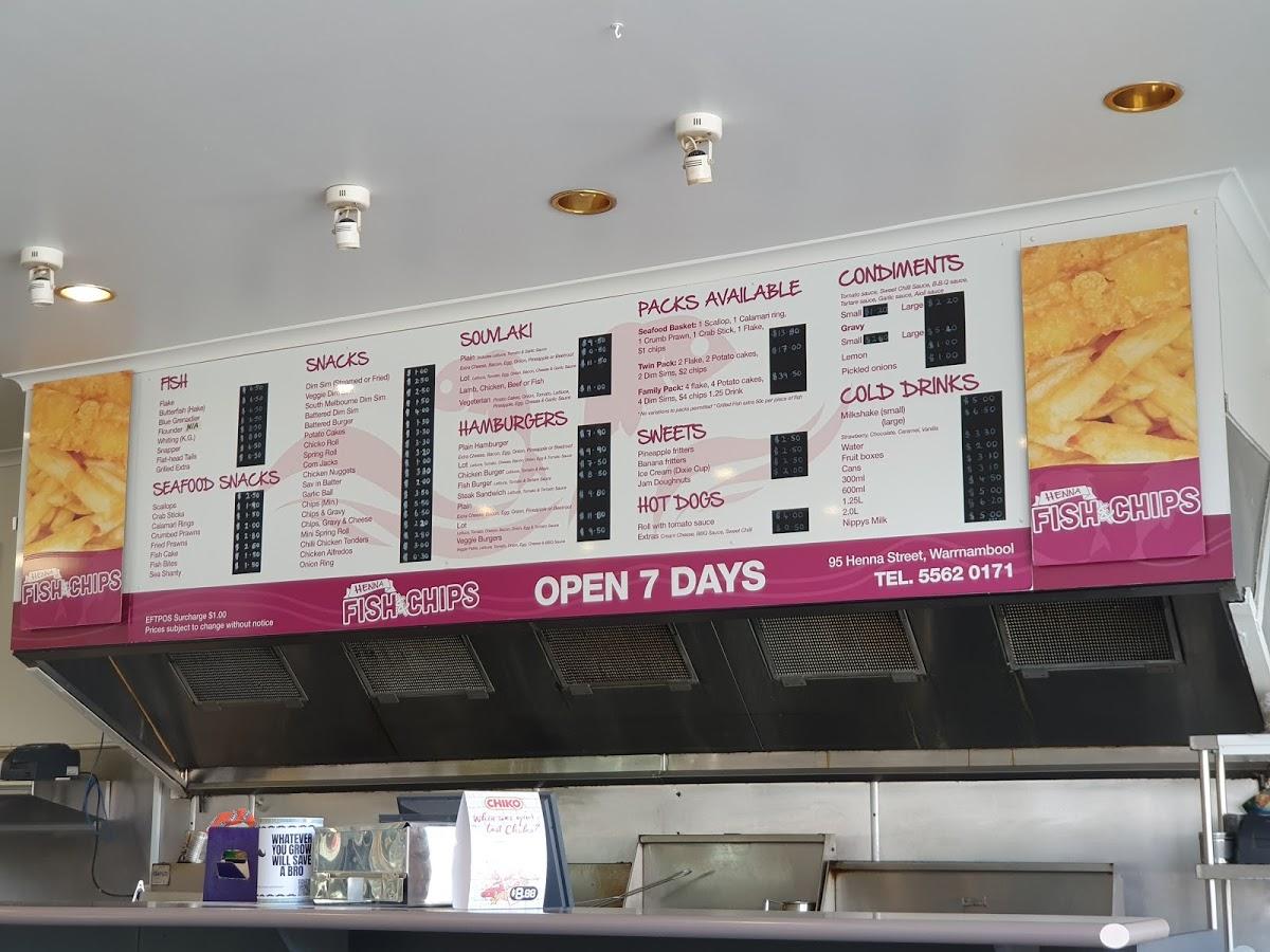 Menu at Henna Fish & Chips restaurant, Warrnambool