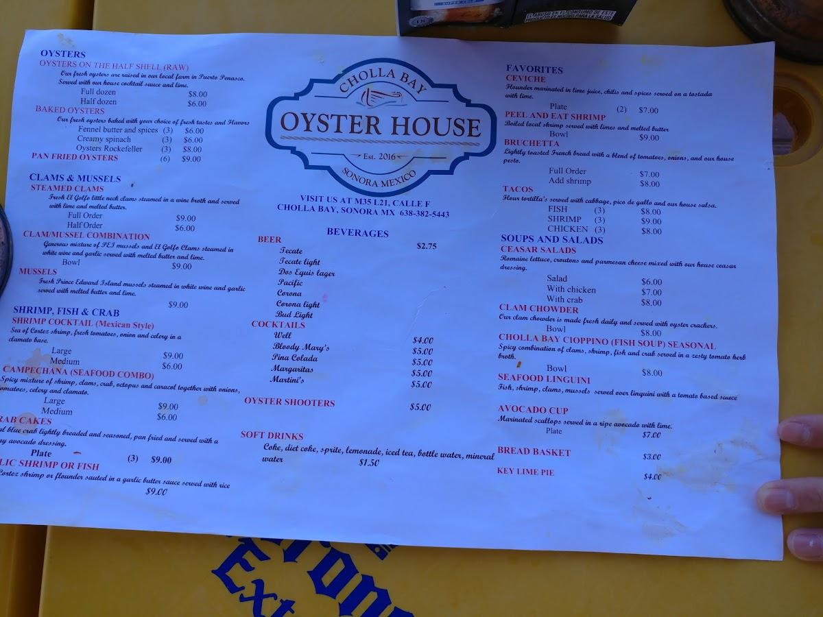 Menu at Cholla Bay Oyster House restaurant, Puerto Peñasco, Av. Calamar