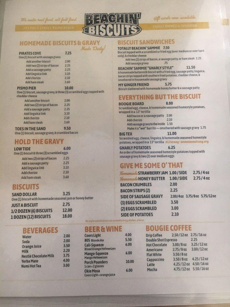 Menu at Beachin’ Biscuits restaurant, Pismo Beach