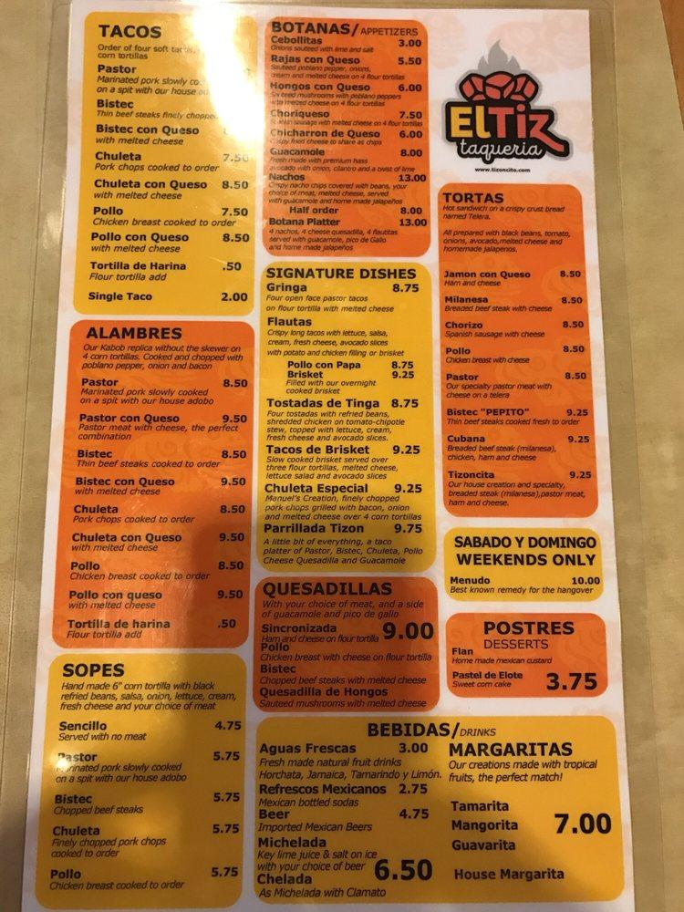 Menu at El Tiz El Tizoncito Oak Cliff restaurant, Dallas, W Illinois Ave