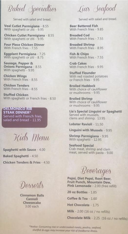 Menu at Lia's Pizza & Italian Restaurant, Houtzdale, 633 Spring St