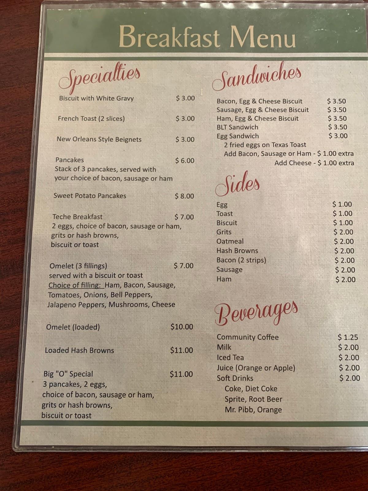 Carta de Teche Cafe, Loreauville