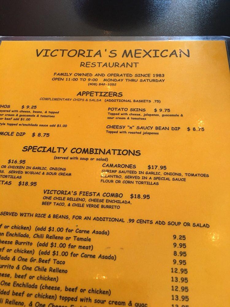 Menu at Victoria's Mexican Restaurant, Gilroy