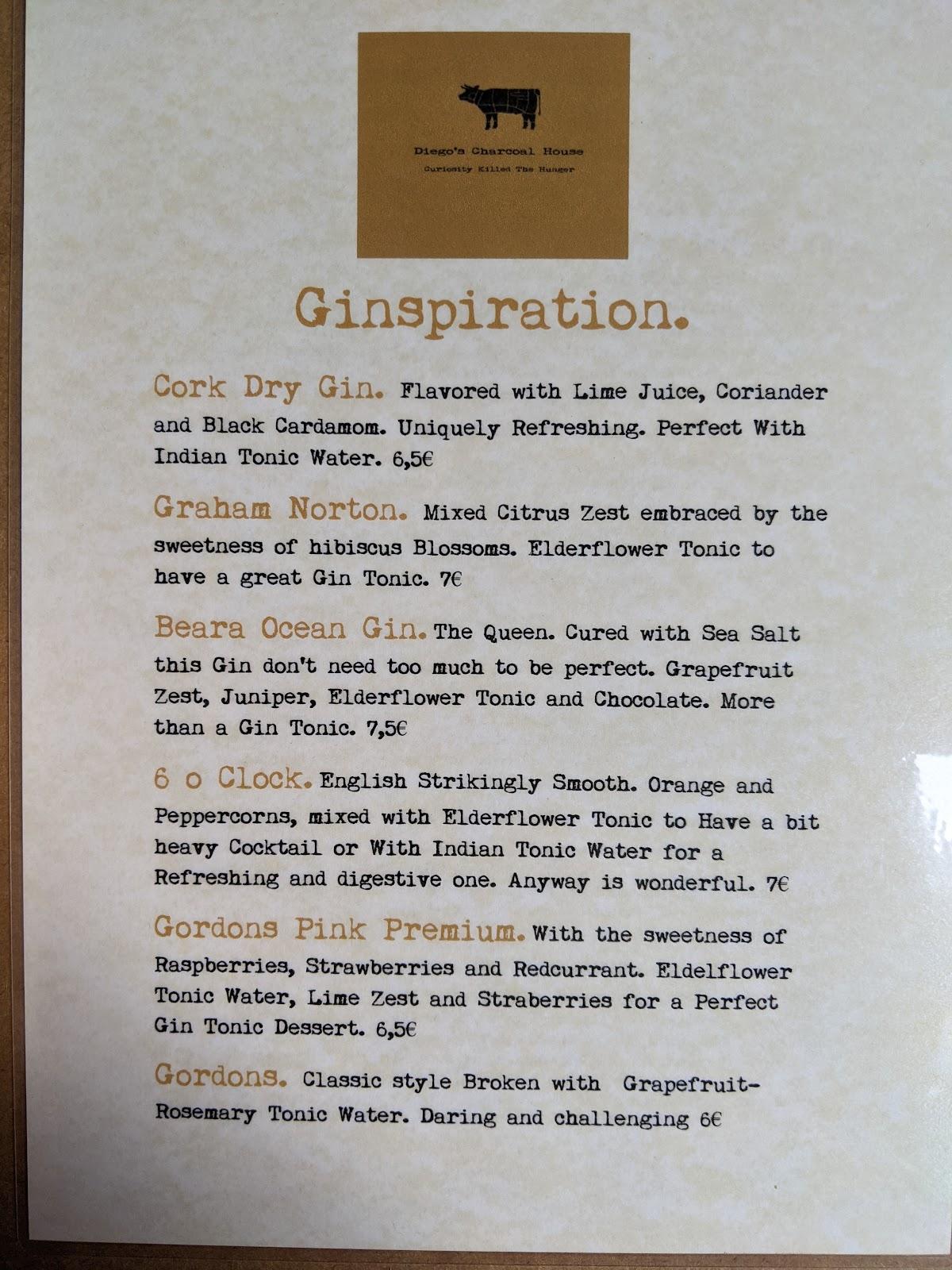 Menu at Diego's wine bar and charcoal house, CastletownBearhaven