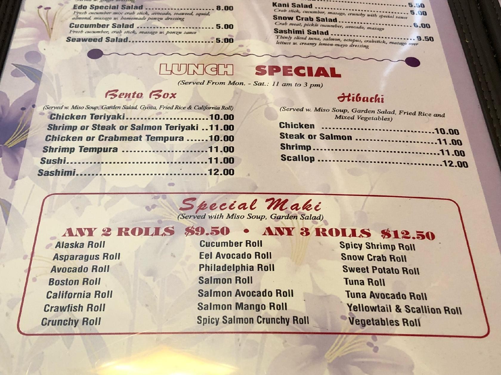 Menu at Edo Japanese Restaurant, Jackson