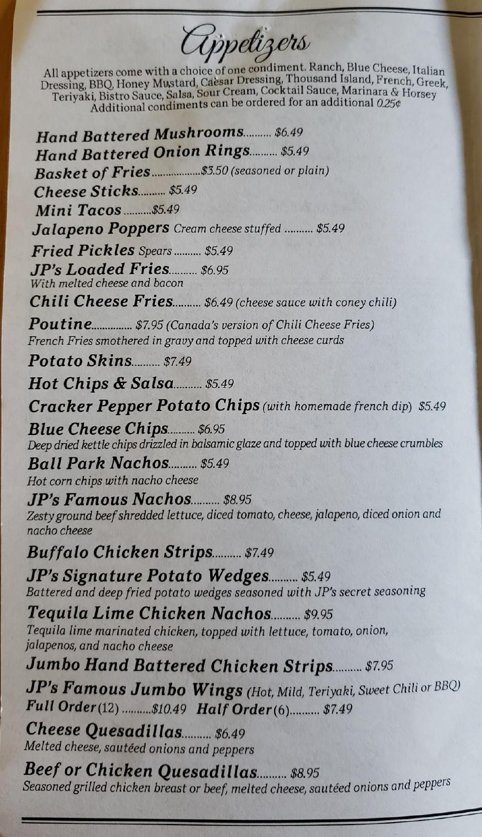 Menu at JP McGuire's Bar and Restaurant, Taylor