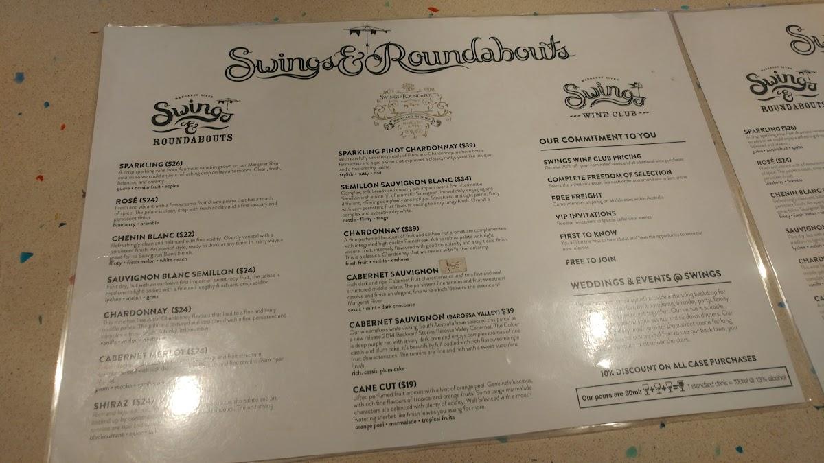 Menu at Swings & Roundabouts pub & bar, Yallingup