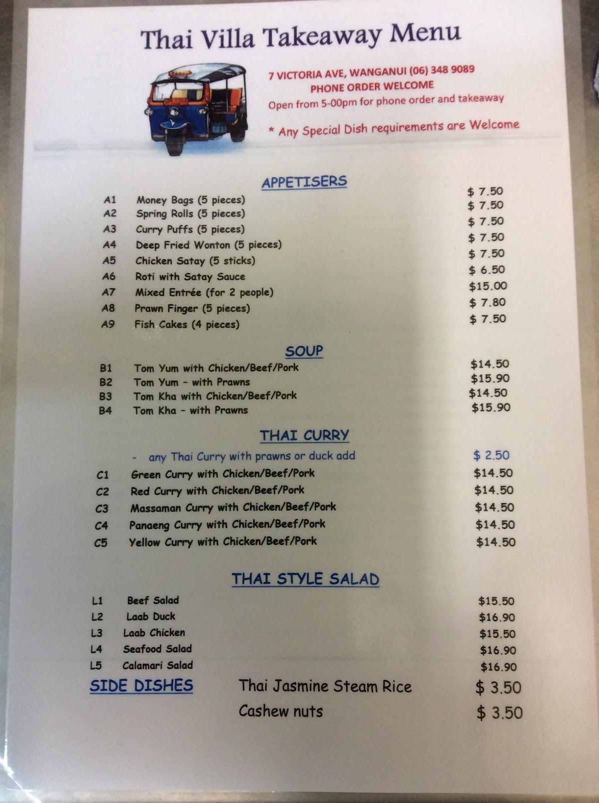 Menu at Thai Villa Restaurant, Whanganui