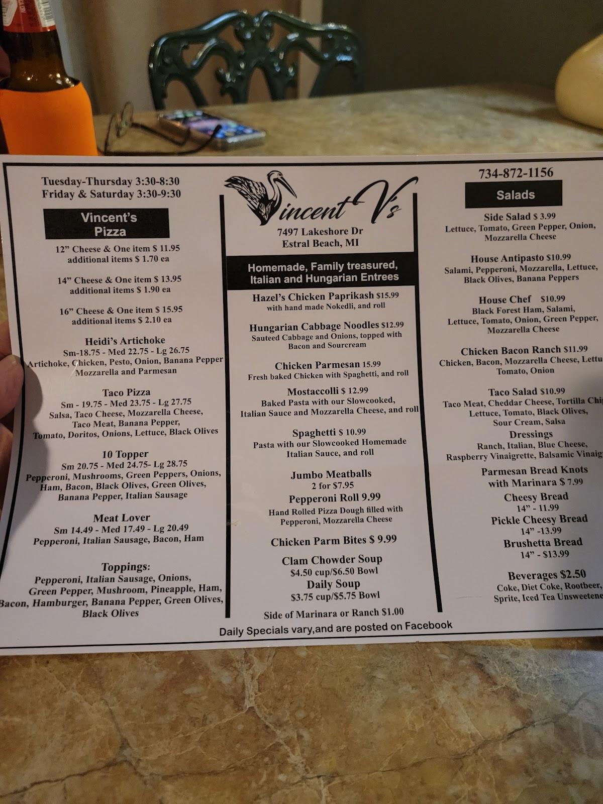 Carta del restaurante Vincent V's, Berlin Charter Township