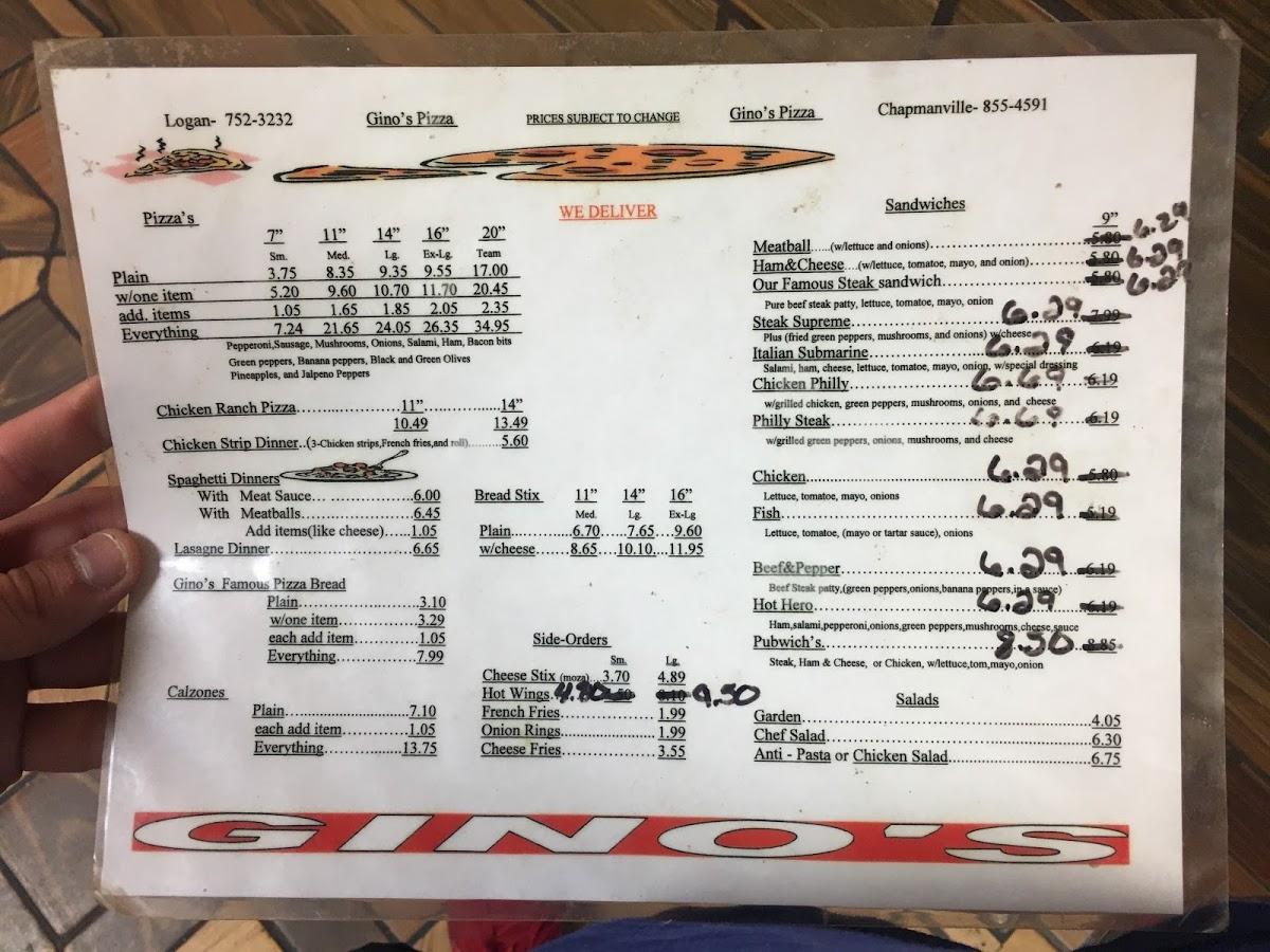 Menu at Gino's Pizza & Spaghetti House restaurant, Chapmanville