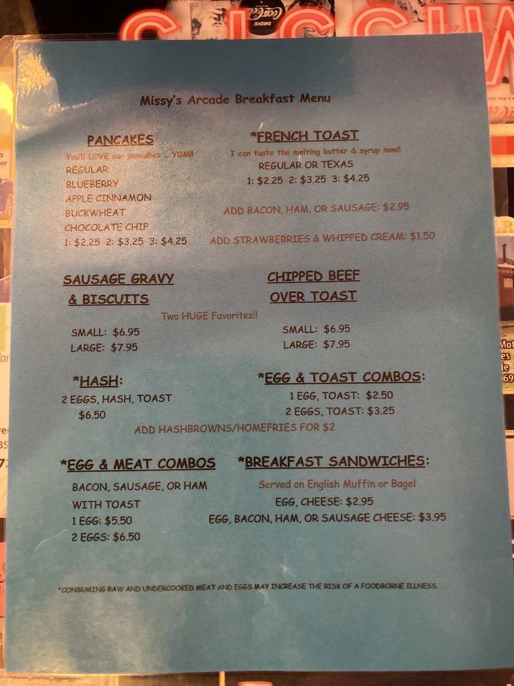 Menu at Missy's Arcade Restaurant, Titusville