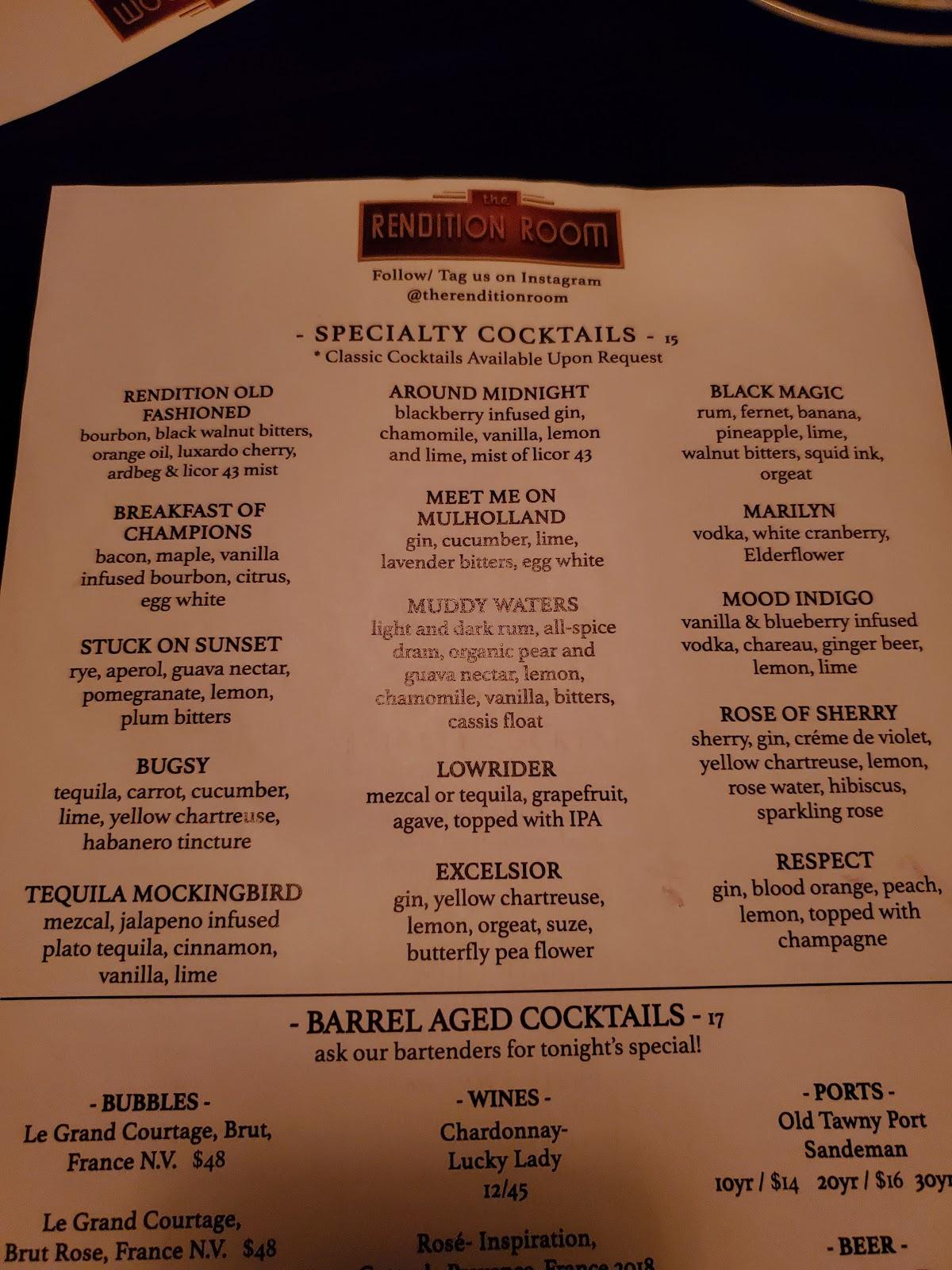 Menu at The Rendition Room pub & bar, Universal City