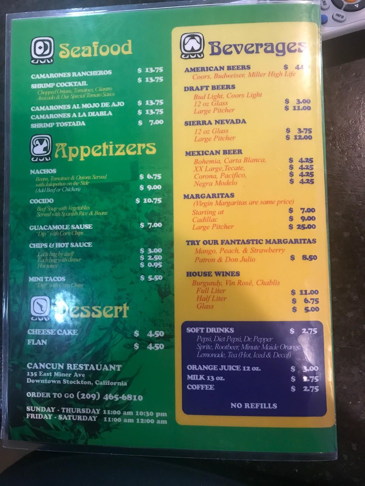 Menu at Cancun Restaurant, Stockton