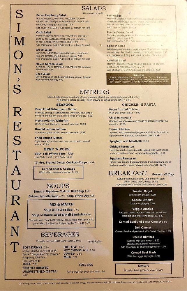 Menu at Simon’s Restaurant & Delicatessen, Brecksville