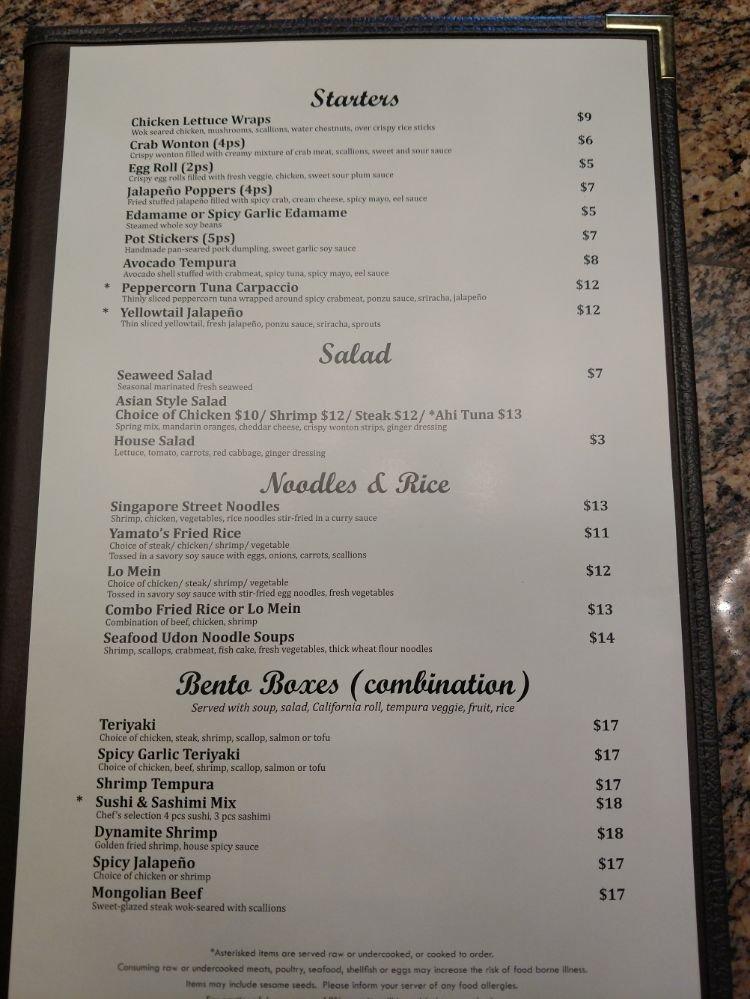 Menu at Yamato Hibachi & Sushi restaurant, Victoria