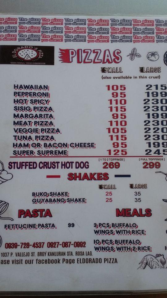 Menu at El Dorado's Pizza restaurant, Santa Rosa