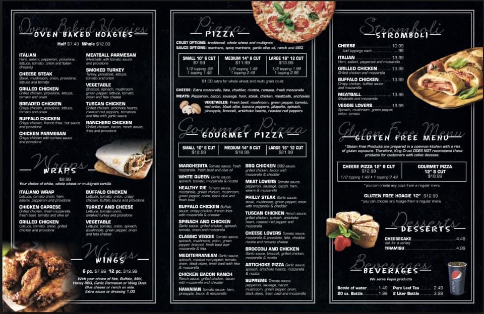 Menu at King Crust pizzeria, Pittsburgh