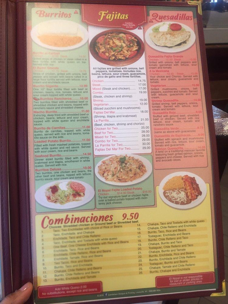 Menu at EL NOPAL MEXICAN RESTAURAT DIXIE IN SHIVELY restaurant, Shively, Dixie Hwy