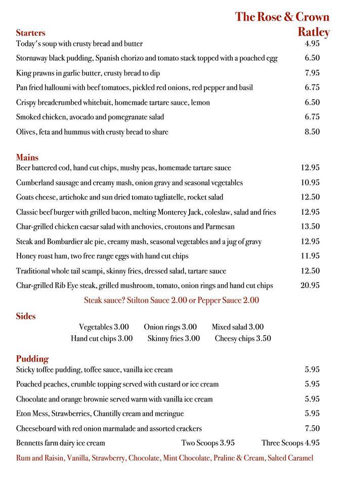 Menu at The Rose & Crown Ratley pub & bar, Ratley and Upton, Featherbow Ln