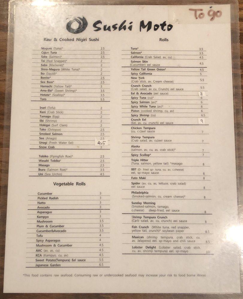 Menu at Sushi Moto restaurant, Lansing