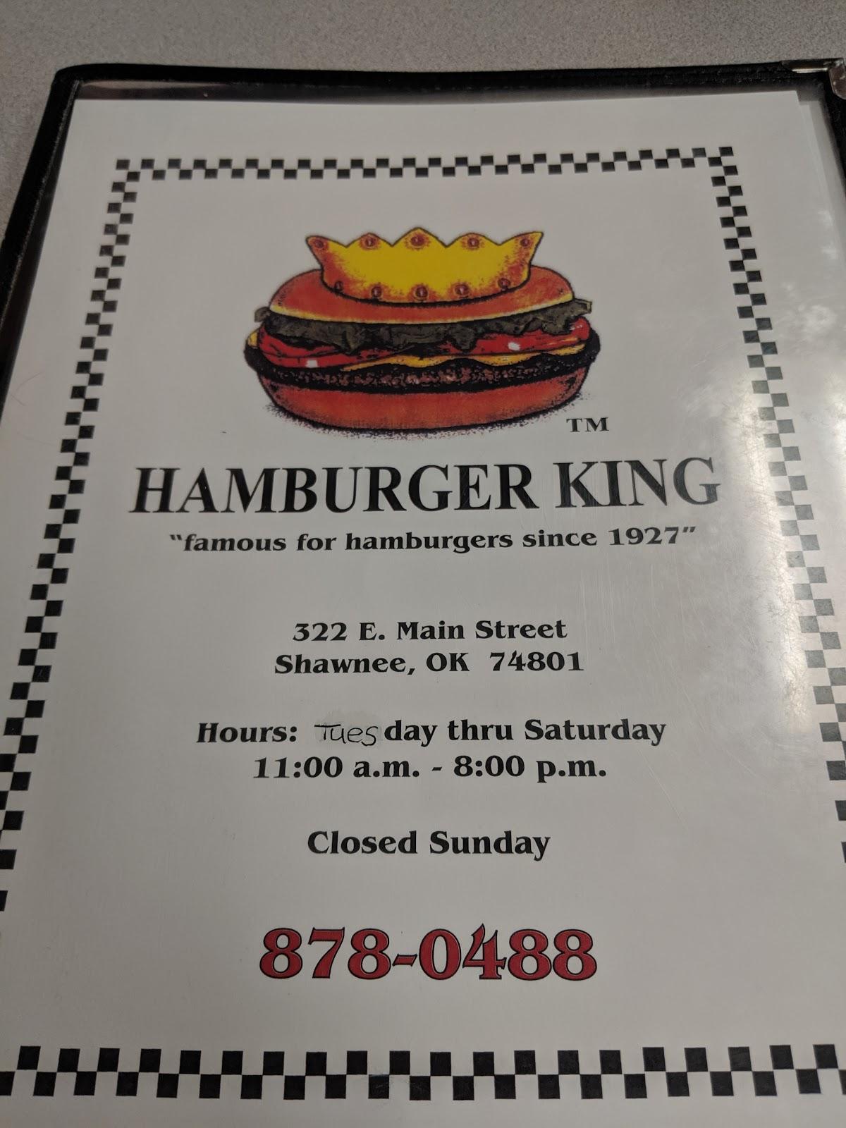 Menu at Hamburger King restaurant, Shawnee
