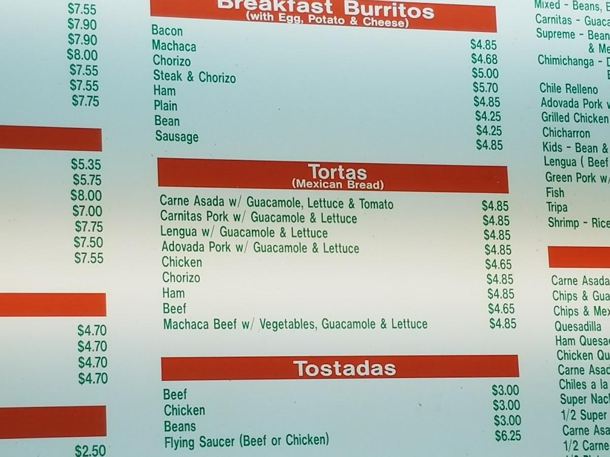 Menu at Lucy's Tacos restaurant, La Junta