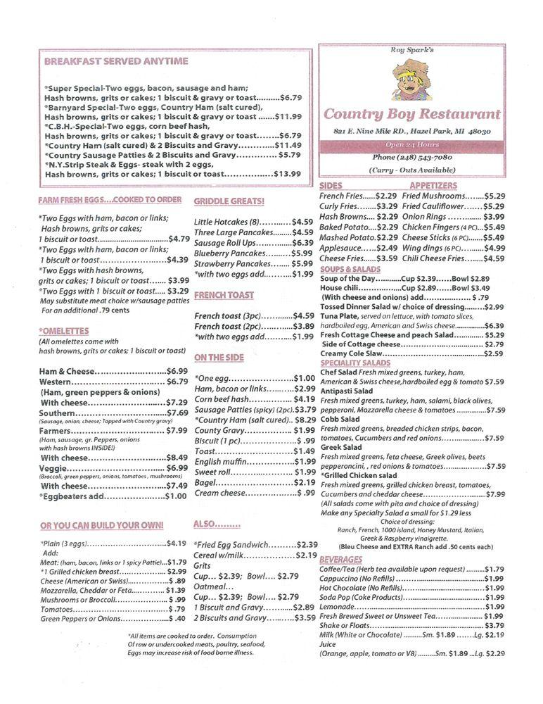 Menu at Country Boy Restaurant, Hazel Park