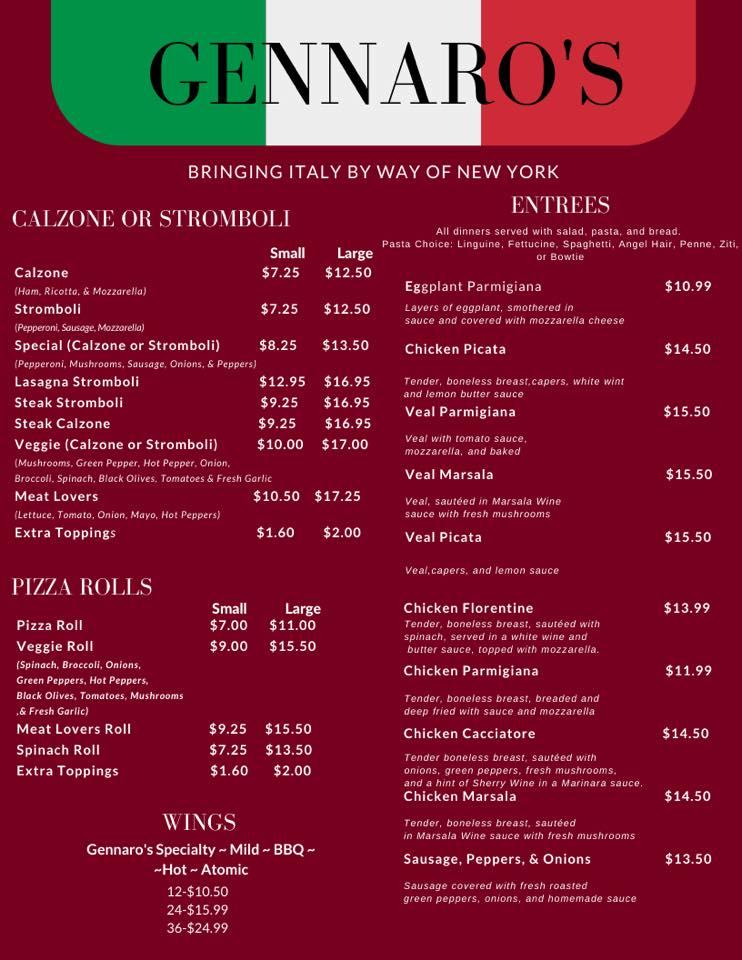 Menu at Gennaro's Italian Restaurant & Pizzeria, Moorefield
