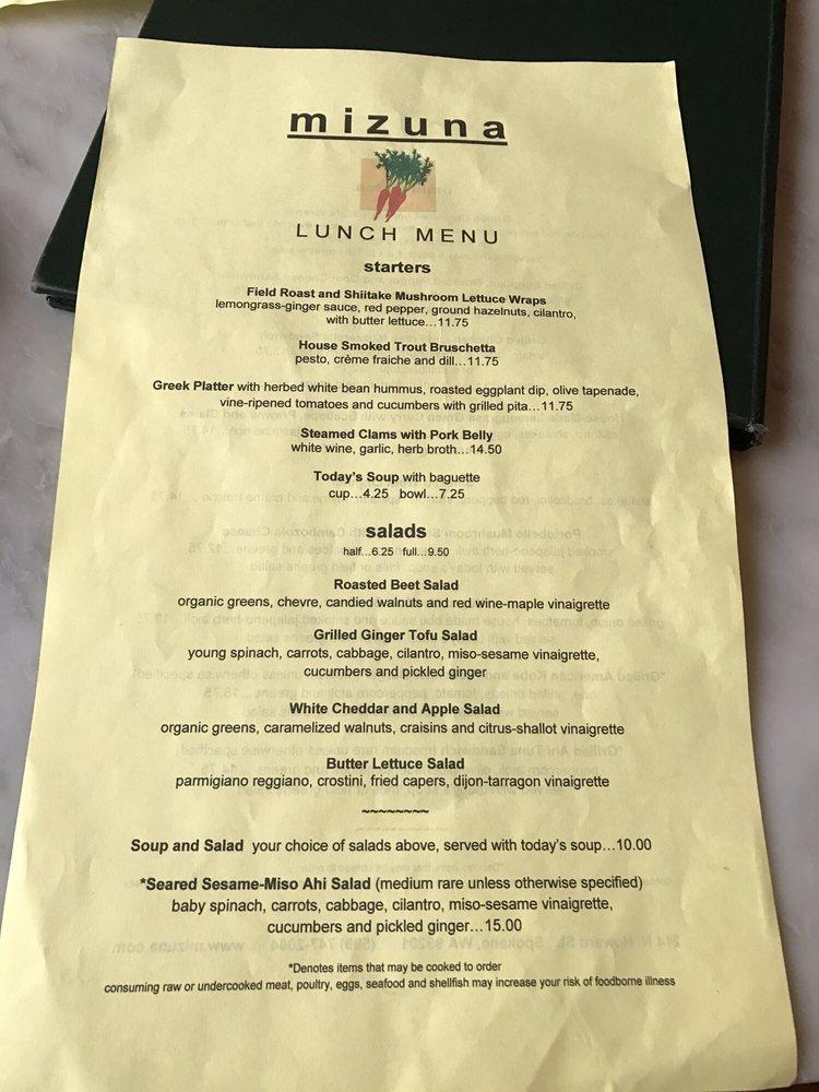 Menu at Mizuna Restaurant and Wine Bar, Spokane