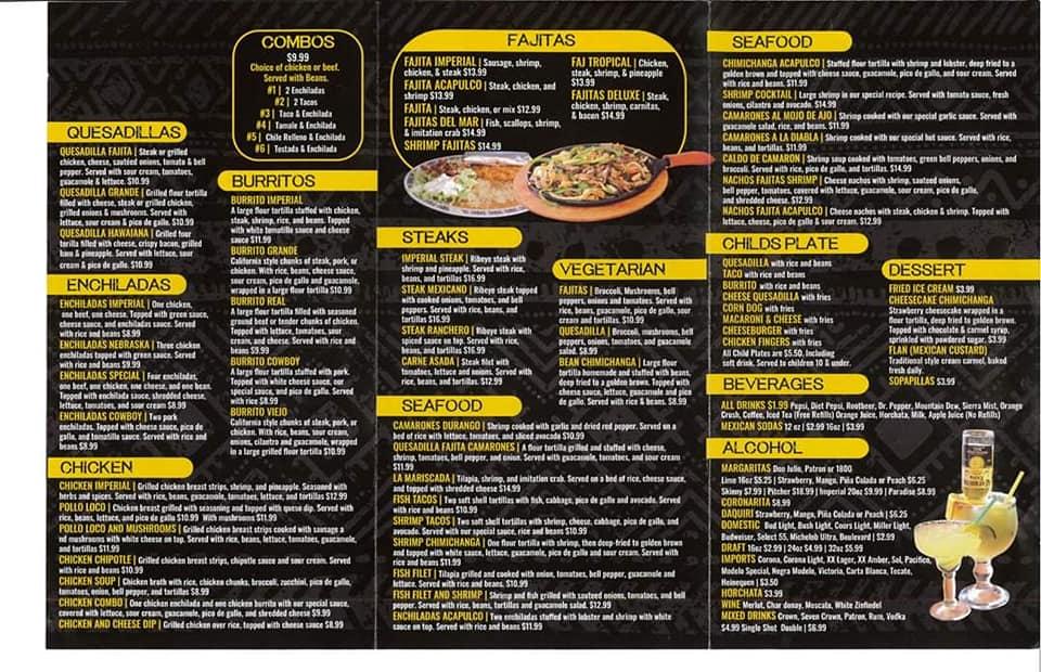 Menu at Tacos and tequila restaurant, O'Neill