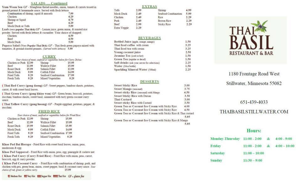 Menu at Thai Basil Restaurant & Bar, Stillwater