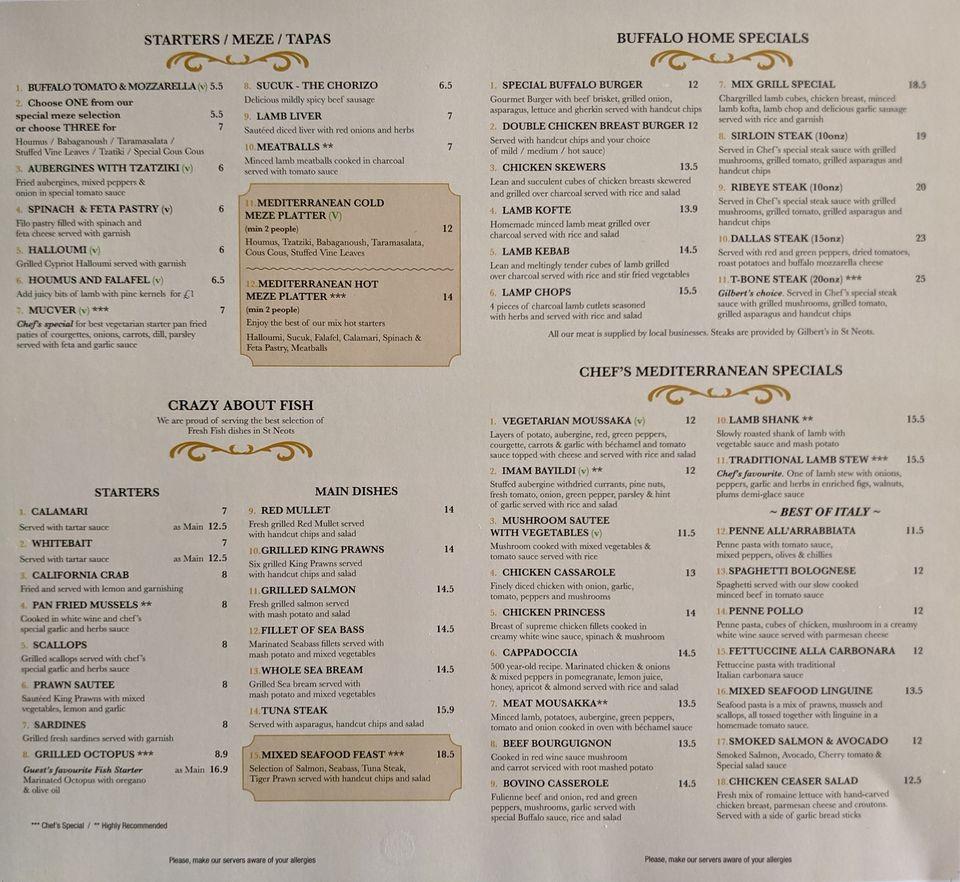 Menu at Buffalo Mediterranean Restaurant, Saint Neots