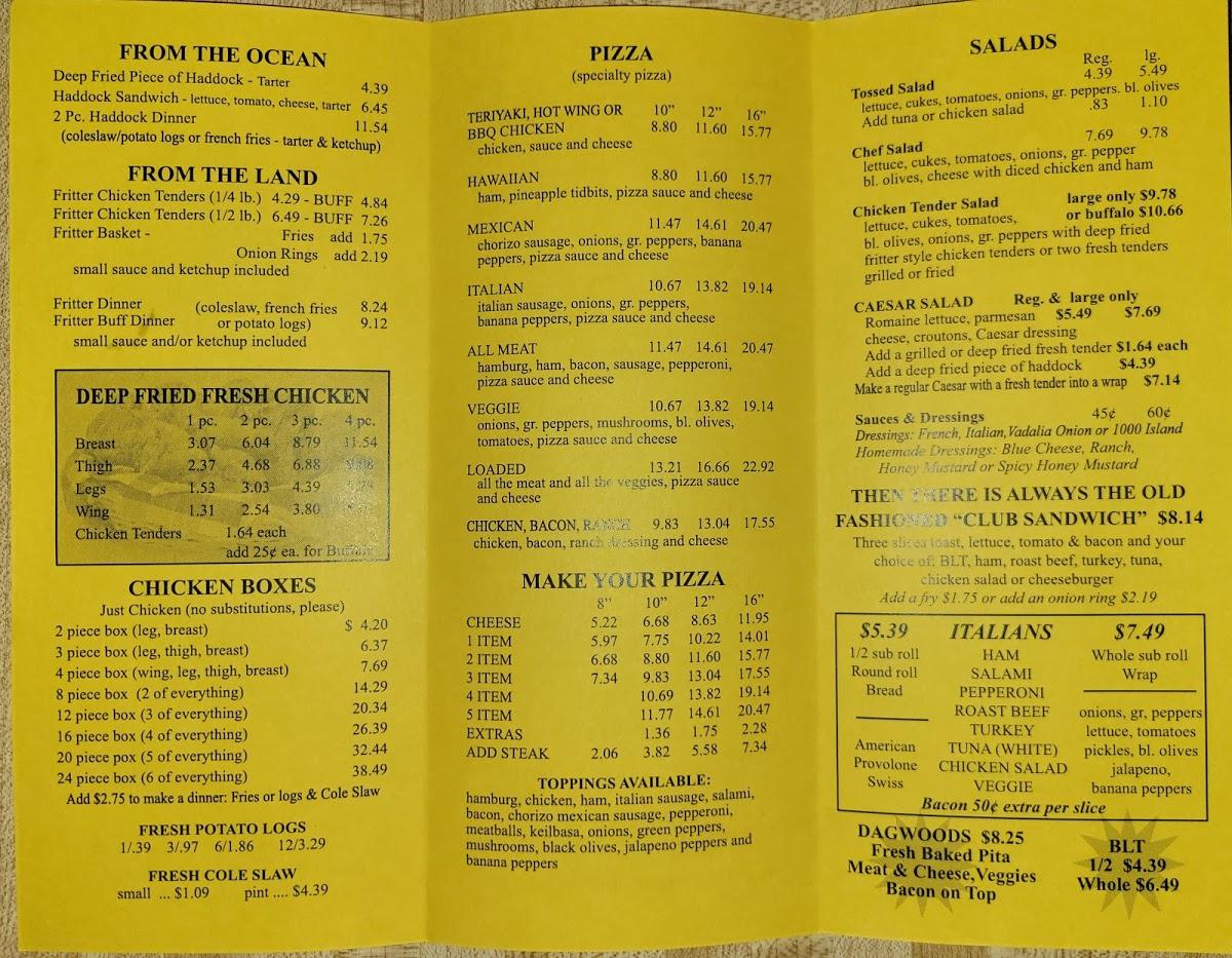 Menu at The Maine Store pizzeria, Detroit