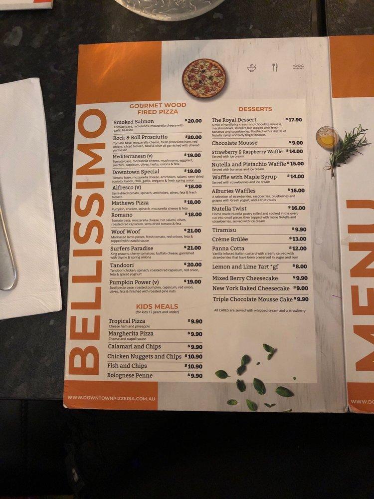 Menu at Downtown Pizzeria, Albury