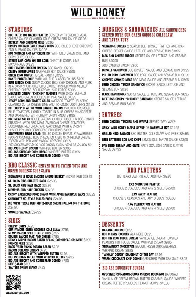 Menu at Wild Honey Smokehouse and Tavern BBQ, Atlantic City