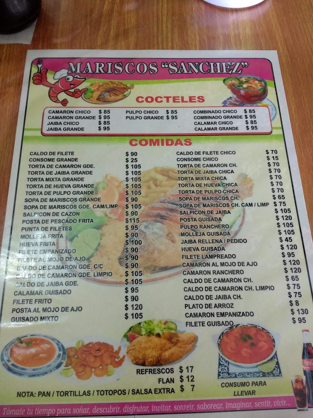 Menu at Mariscos Sánchez restaurant, Tampico