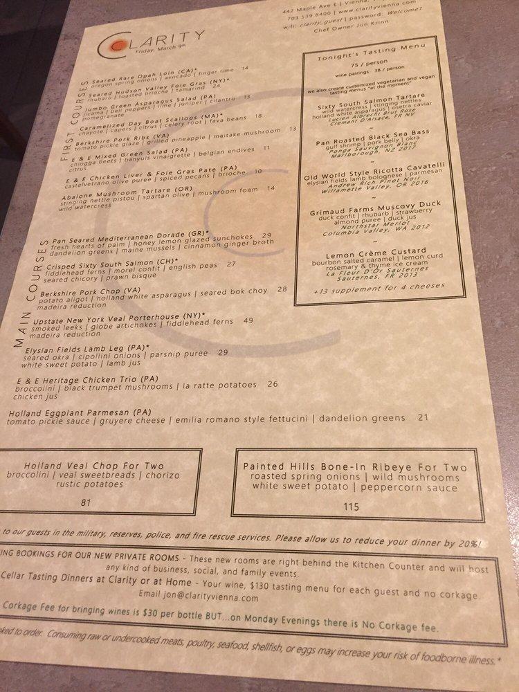 Menu at Clarity pub & bar, Vienna