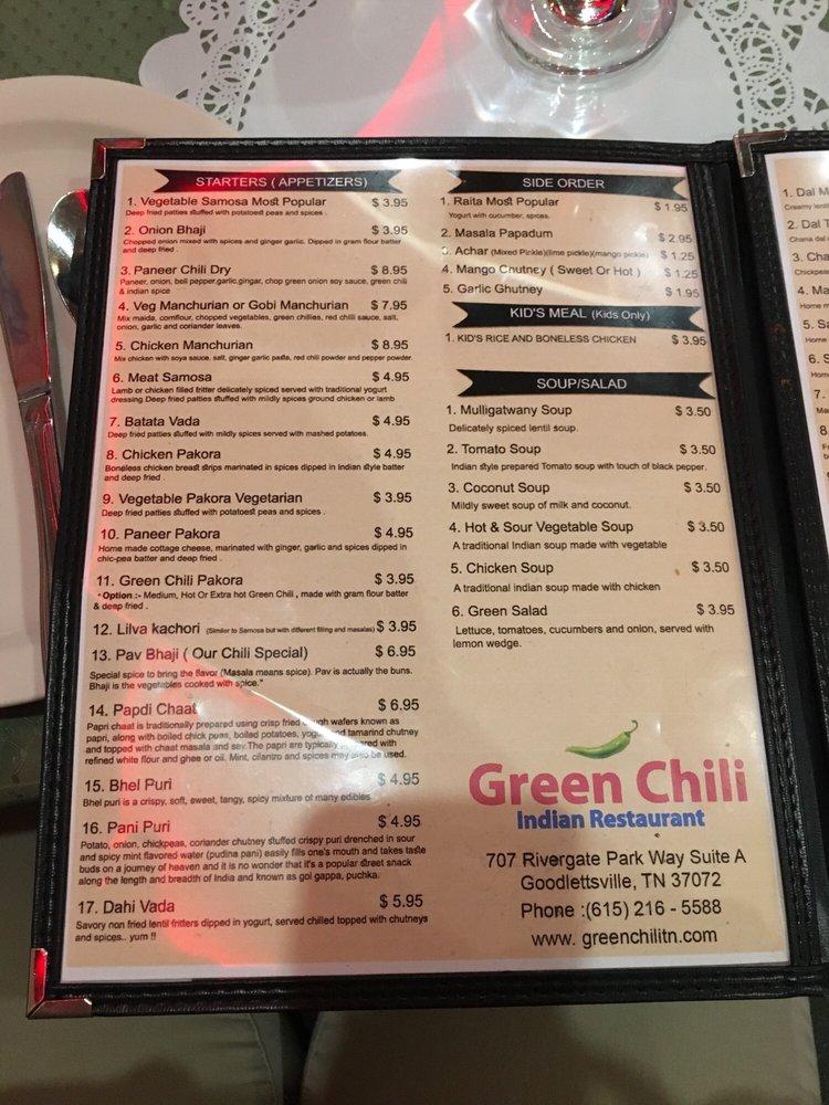 Menu at Green Chili Indian Restaurant, Goodlettsville