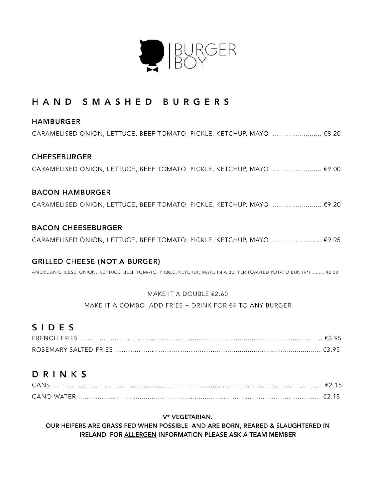 Menu at Burger Boy restaurant, Kildare