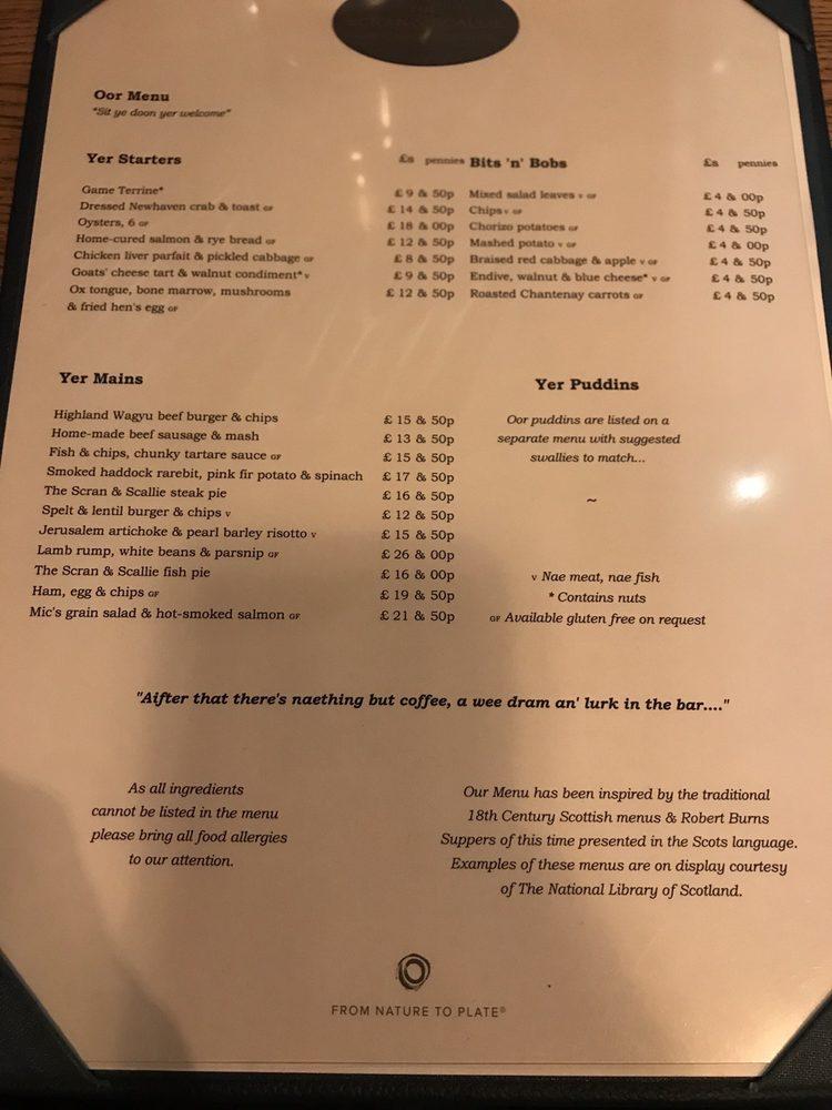 Menu at The Scran and Scallie pub & bar, Edinburgh