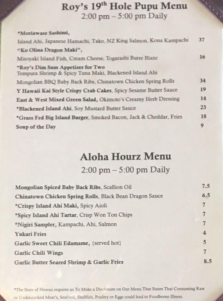 Menu At Roy's Ko Olina Restaurant, Kapolei