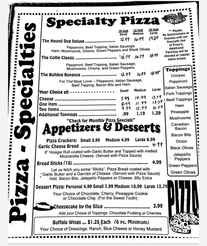 Menu at Two Dogs Pizza pizzeria, Pink Hill