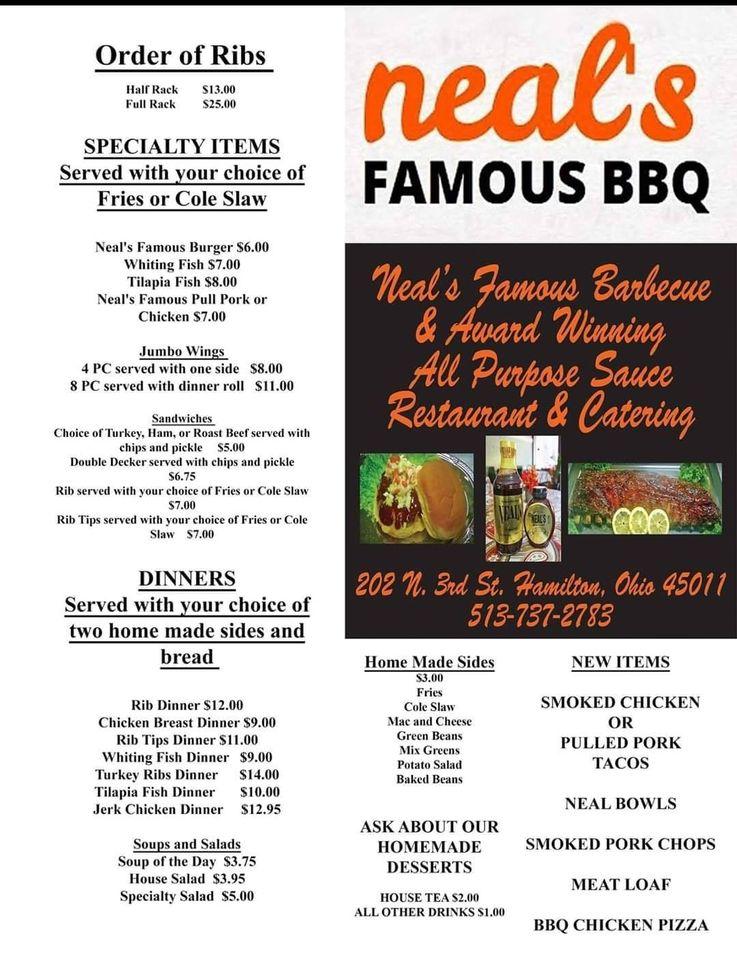 Menu at Neal's Famous BBQ, Hamilton