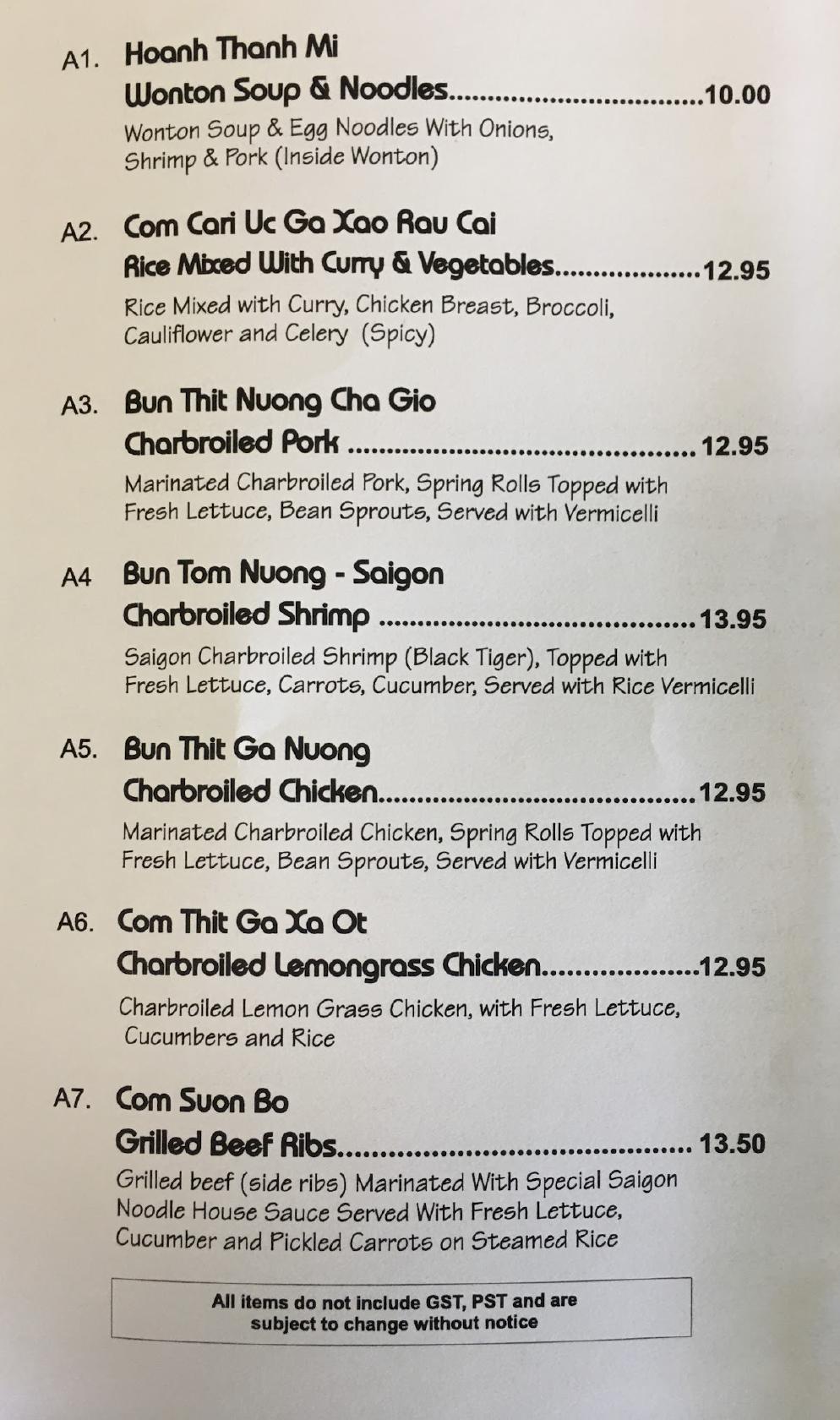 Menu at Saigon Noodle House restaurant, Courtenay