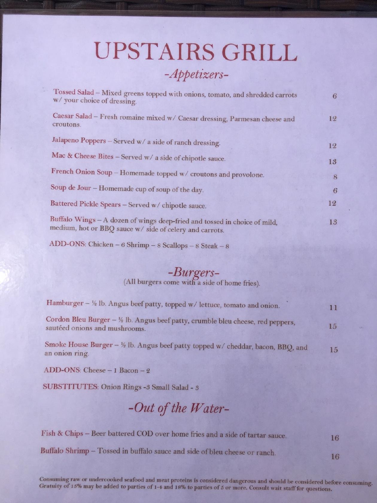 Menu at Upstairs Grill Steak & Seafood steakhouse, Lake Placid