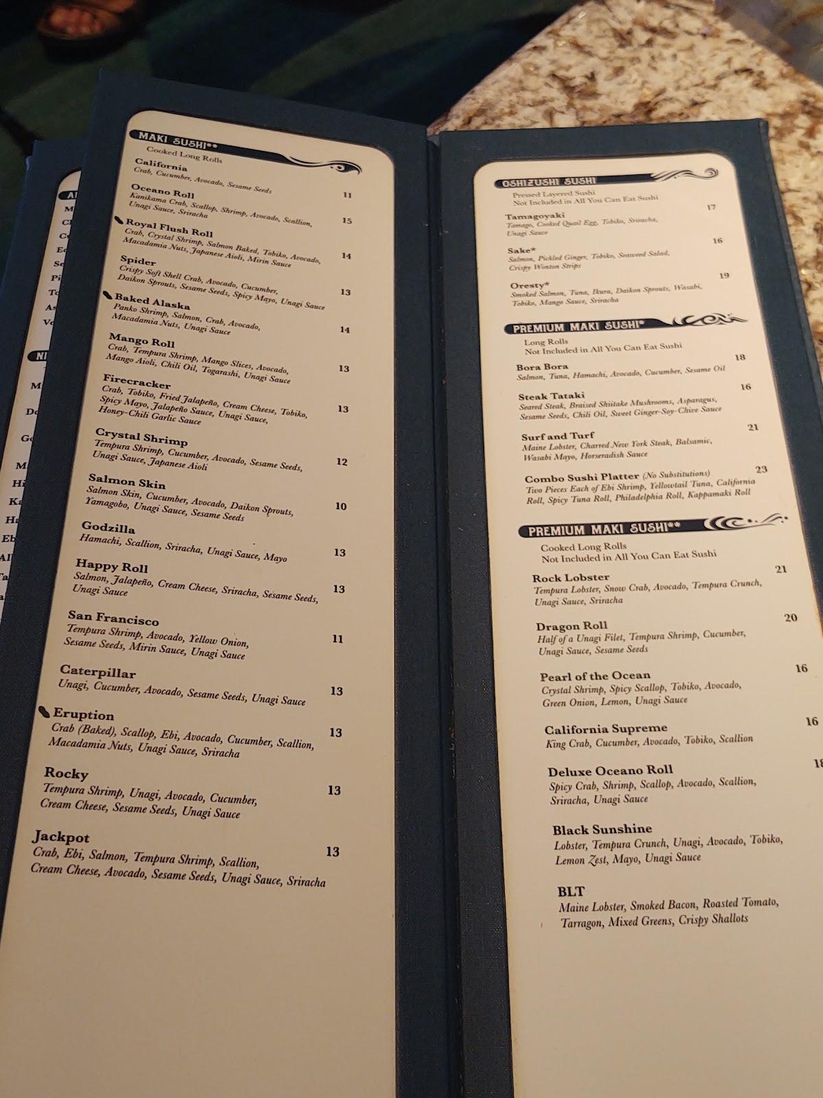 Menu at Oceano restaurant, Reno