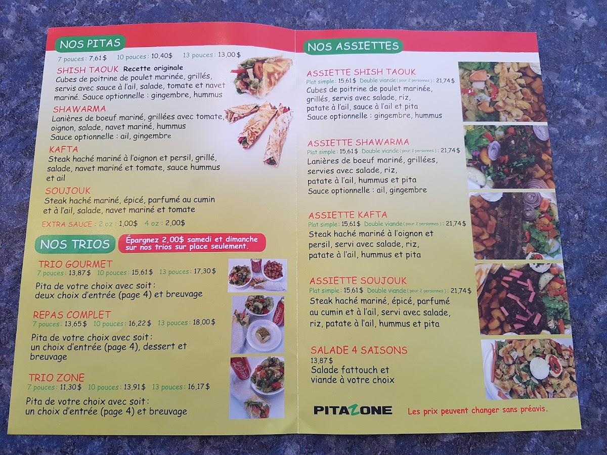 Menu au Pita Zone fast food, Lachute