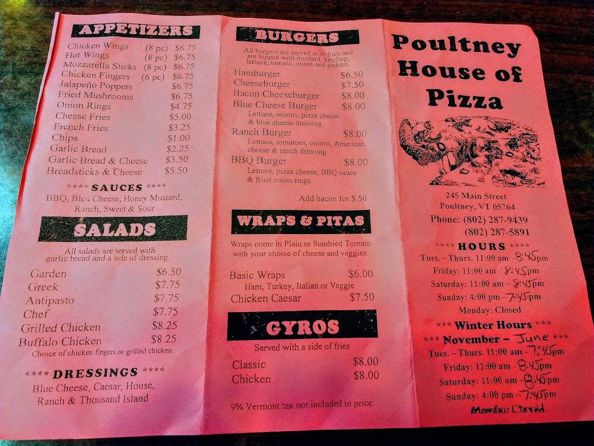 Menu at Poultney House of Pizza pizzeria, Poultney